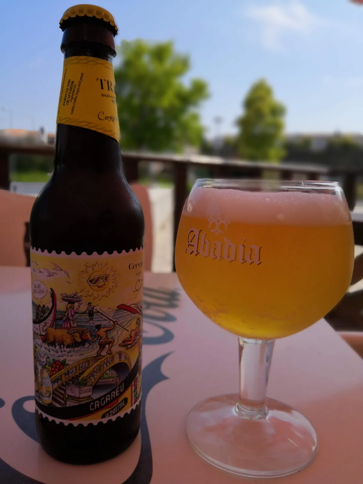 Cerveja artesanal brasileira com características de uma Pale Ale, apresentando cor âmbar dourada e aparência clara no copo. A cerveja possui um estilo tropical e descontraído, refletido em seu rótulo ilustrativo com cenas de praia e natureza. Com perfil refrescante, é típica das cervejas artesanais brasileiras modernas, ideais para o clima quente do país.